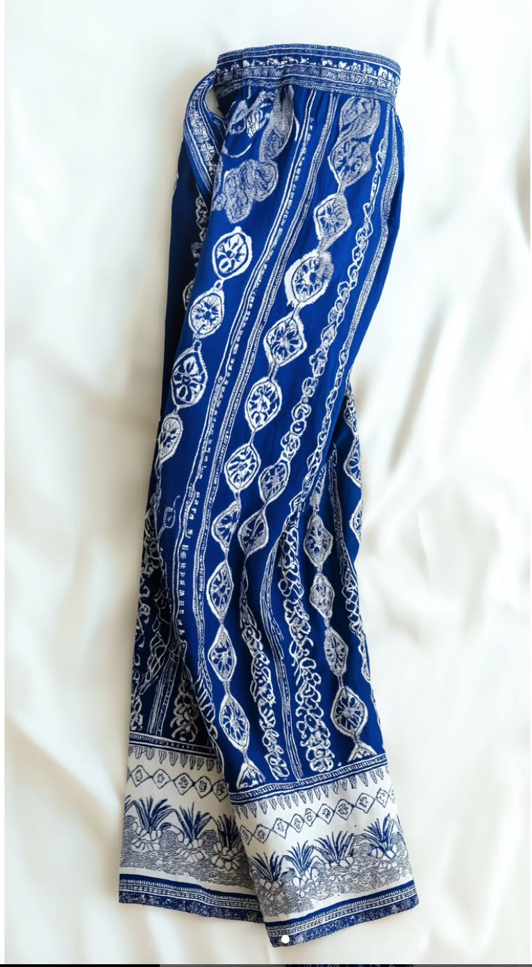 Boho Indigo & White Print Wide-Leg Trousers | Relaxed Fit Palazzo Pants